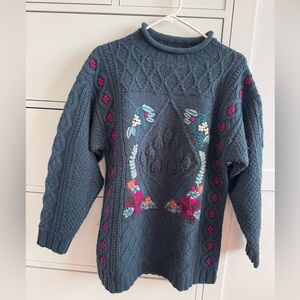L.L. Bean Teal Cable-Knit Sweater with Pink & Multicolor Floral Embroidery. Wine